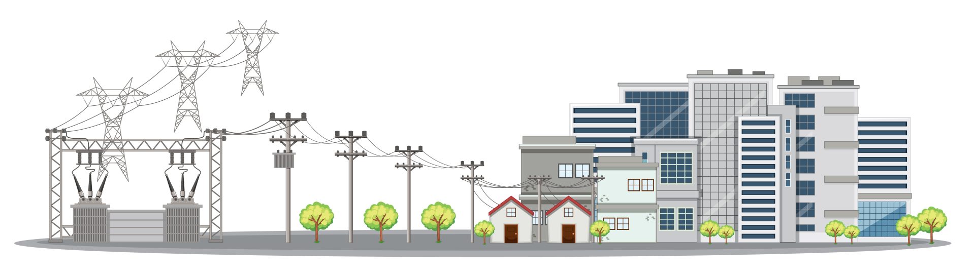 Electricity poles and buildings in city